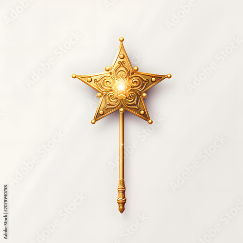 Golden magic wand with star shaped tip on white background