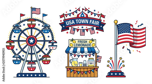 Vibrant Town Fair Illustration with Ferris Wheel, Food Stand, and American Flag