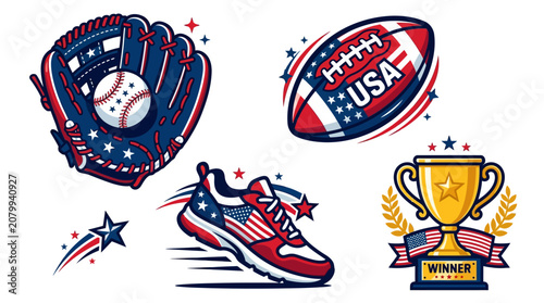 American sports icons including baseball glove, football, sneaker, and trophy