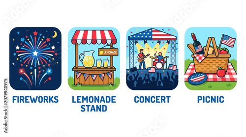 A vibrant outdoor celebration with fireworks, a lively concert, and a picnic with a refreshing lemonade stand on a summer evening.