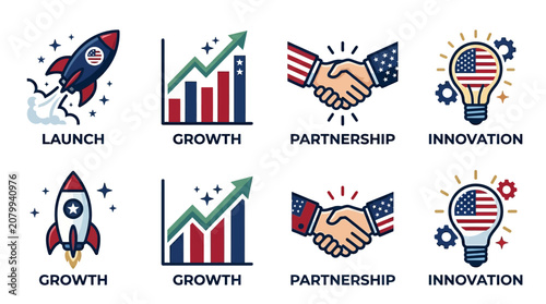 Business icons depict launch, growth, partnership, and innovation concepts