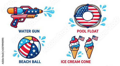 Summer fun with patriotic water gun beach ball pool float and ice cream cone