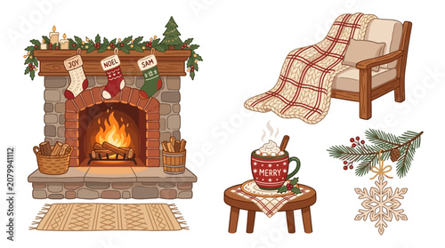 Cozy living room with festive fireplace and holiday decorations nearby