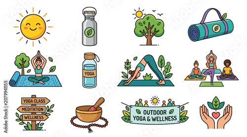 People practice yoga outdoors in nature with trees and sun