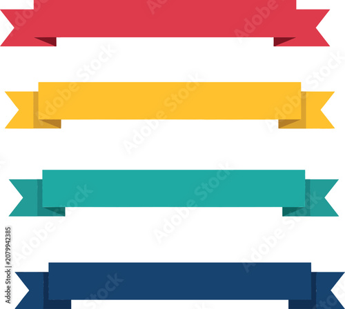 Flat Ribbon Banner Set in Red, Yellow, Teal, and Navy Blue with Folded Ends for Labels, Headers, and Infographic Designs