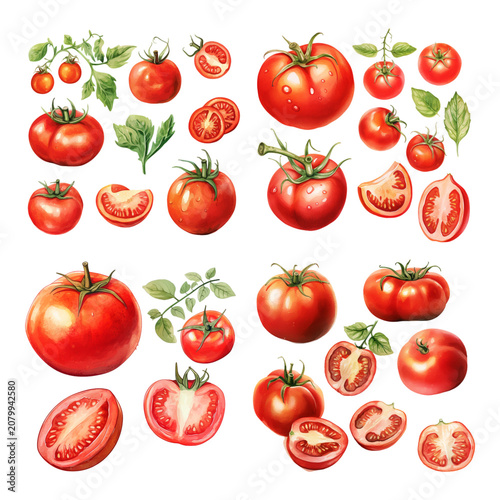 Watercolor Collection of Fresh Red Tomatoes Whole and Sliced with Green Leaves Isolated on White Background