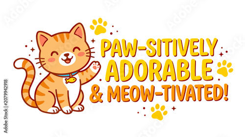 Fotografie Cute Orange Tabby Cat Waving Paw-sitively Adorable & Meow-tivated