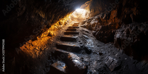 Pathway lit within a cave showcasing the importance of rare earth mining and sustainable practices for the environment