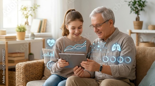 Senior man and granddaughter using tablet with health monitoring app, family care technology concept