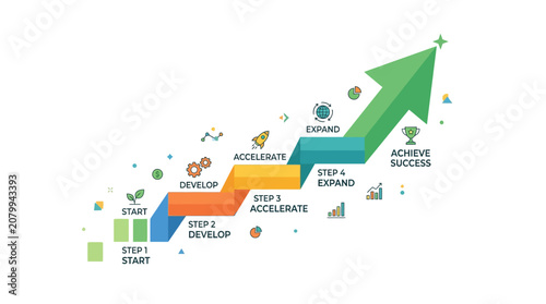 Foto Business growth, success, and development icons, colorful vector graphics, step-