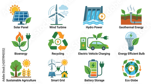 Bild auf Leinwand Eco friendly icons, sustainable energy symbols, environmental logos, green techn