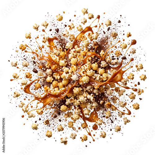 Caramel popcorn explosion on transparent background