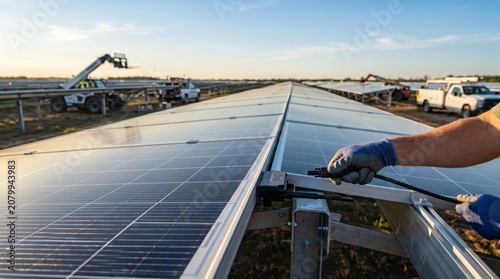 Worker installing solar panels at a large-scale renewable energy farm during golden hour sunset