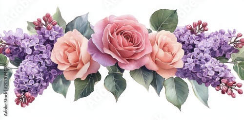 pink and peach roses with clusters of purple lilacs and green leaves, delicate romantic watercolor floral garland conveying soft elegant serene springtime emotion
