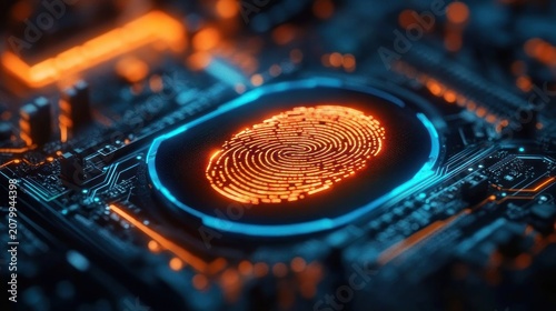 glowing biometric fingerprint imprint on illuminated circuit board with chips and glowing traces conveying futuristic security and vigilance