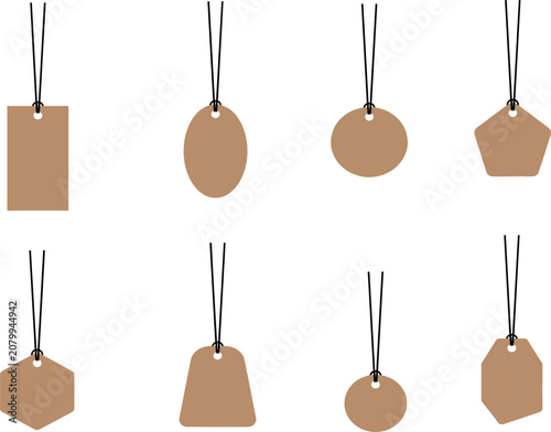 Kraft Brown Hanging Price Tag Set with String in Rectangle, Oval, Circle, Pentagon, and Hexagon Shapes for Retail and Gift Designs