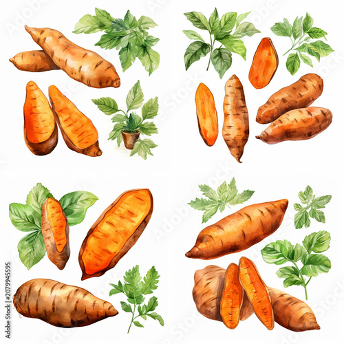 Hand Painted Watercolor Sweet Potato Collections with Fresh Green Leaves and Root Vegetable Slices for Organic Healthy Food Concepts