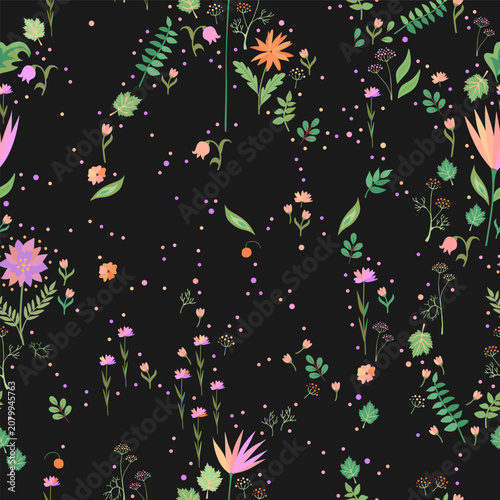 Floral seamless pattern. Tiny flowers and leaves on black background. Fabric ...