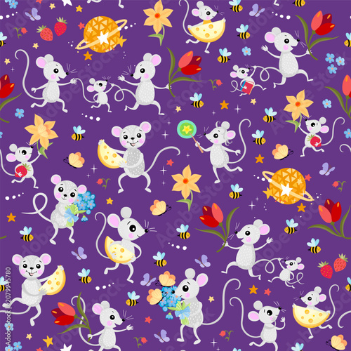 Seamless pattern with cute mice, butterflies, bees, flowers. Fabric print for...