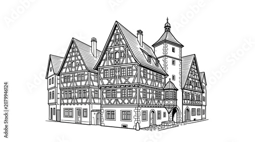 Fotografía Historic half-timbered house illustration, traditional European architecture