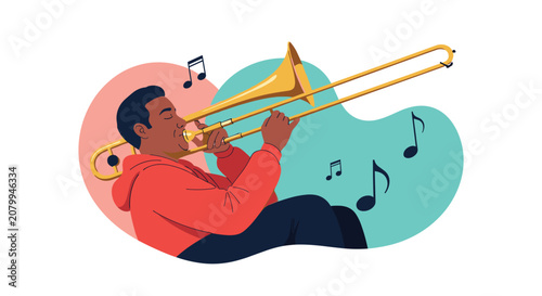 Talented man plays a golden trombone surrounded by floating musical notes and abstract shapes in a creative music illustration.