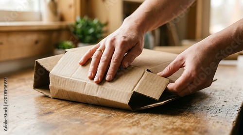 Close up of hands packing a cardboard box for shipping