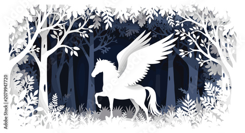 Majestic white pegasus with large wings stands in a dark mystical forest with stylized trees and foliage in a paper cut style.