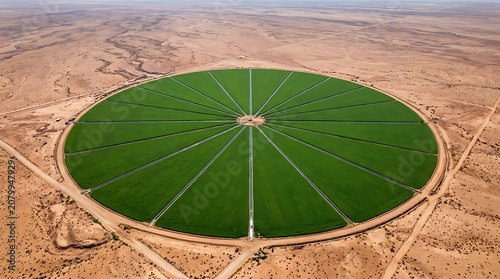Aerial view of a circular green irrigation field in the arid desert