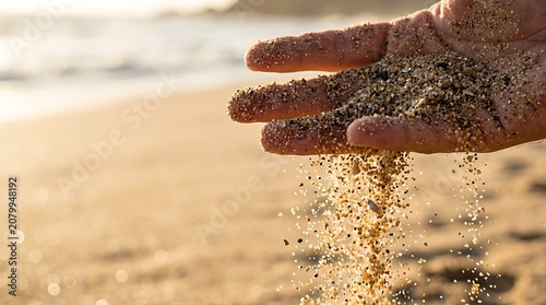Hand letting golden sand slip through fingers at the beach