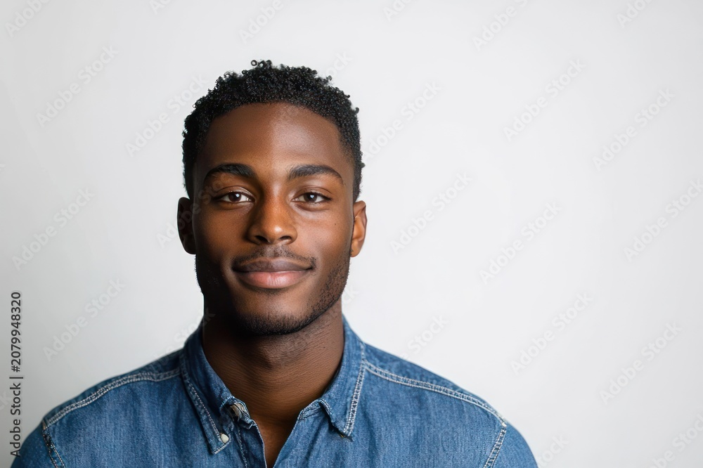 Obraz premium Studio portrait of an anonymized adult with a blurred face wearing a denim shirt against a plain light gray background, calm neutral mood