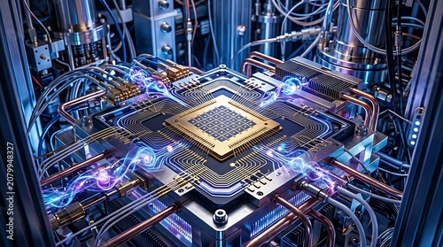 Advanced quantum computer processor with glowing energy circuits