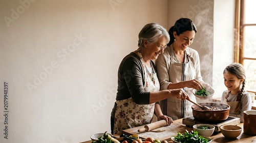 Three generations of happy women cooking together in a rustic kitchen