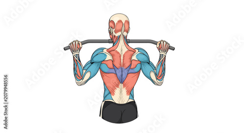 Anatomical illustration of back muscles targeted during behind the neck lat pulldown exercise.