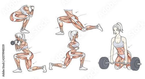 Anatomical illustration of female fitness exercises showing muscle activation during squats lunges and deadlifts.