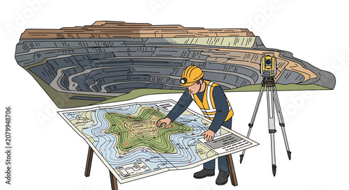 Illustration of a surveyor engineer planning excavation work at an open pit mine site.