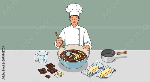 Illustration of a professional chef mixing chocolate batter in a bowl with baking ingredients on the table.