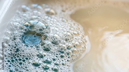 Close up of soapy bubbles floating on water surface