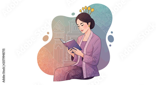 Illustration of a traditional Indonesian woman in kebaya reading a book for Kartini Day celebration.
