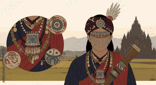 Illustration of a traditional Javanese warrior in ceremonial attire with temple background and jewelry details.