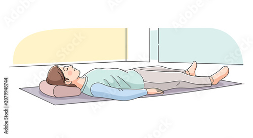 Illustration of a woman lying on her back on a yoga mat practicing relaxation or savasana pose.