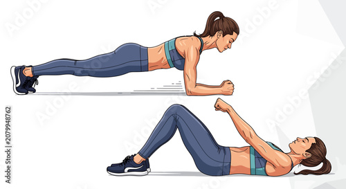 Illustration of a woman performing plank and crunch exercises for core strength training.