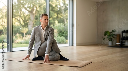 Businessman practicing yoga on a mat in a modern home office studio