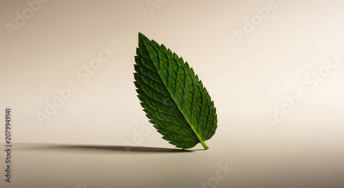 A single fresh green mint leaf standing upright on a beige background.