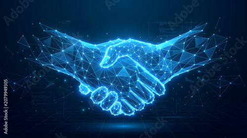 Glowing Blue Handshake with Geometric Lines and Nodes on Dark Background with Futuristic Technology Elements