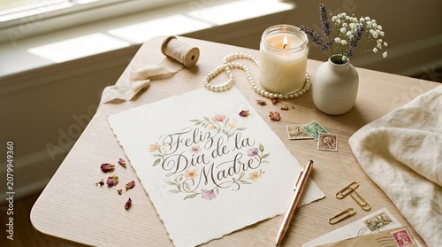 Elegant Floral Hand Lettering Feliz Día de la Madre on Textured Paper with Calligraphy Pen and Wooden Desk Flat Lay