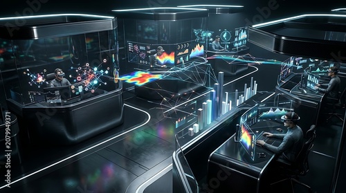 Professionals in vr headsets working in futuristic data command center