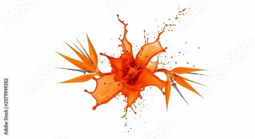 Dynamic Orange Fruit Juice Splash with Fresh Leaves.