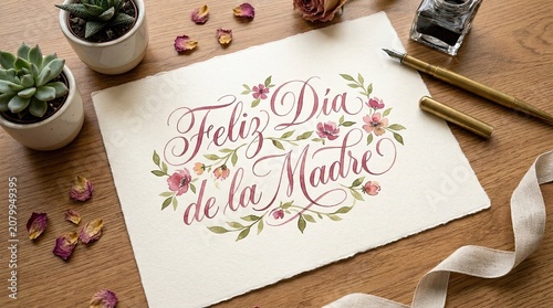 Elegant Floral Hand Lettering Feliz Día de la Madre on Textured Paper with Calligraphy Pen and Wooden Desk Flat Lay