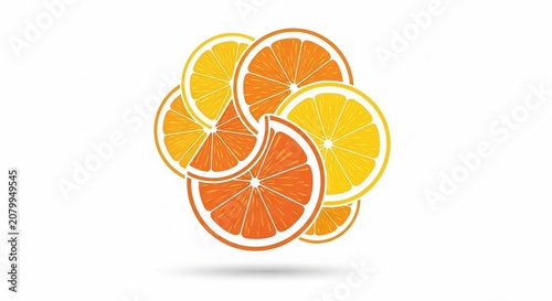 Abstract illustration of assorted citrus fruit slices arranged in a circular pattern.
