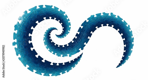 Abstract blue swirl design composed of jigsaw puzzle pieces.